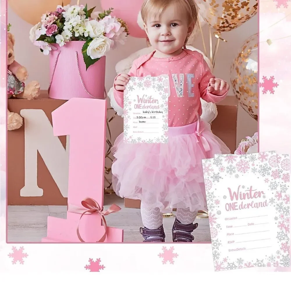 25 Pcs Winter Onederland Invitations First birthday Snowflakes Silver Pink